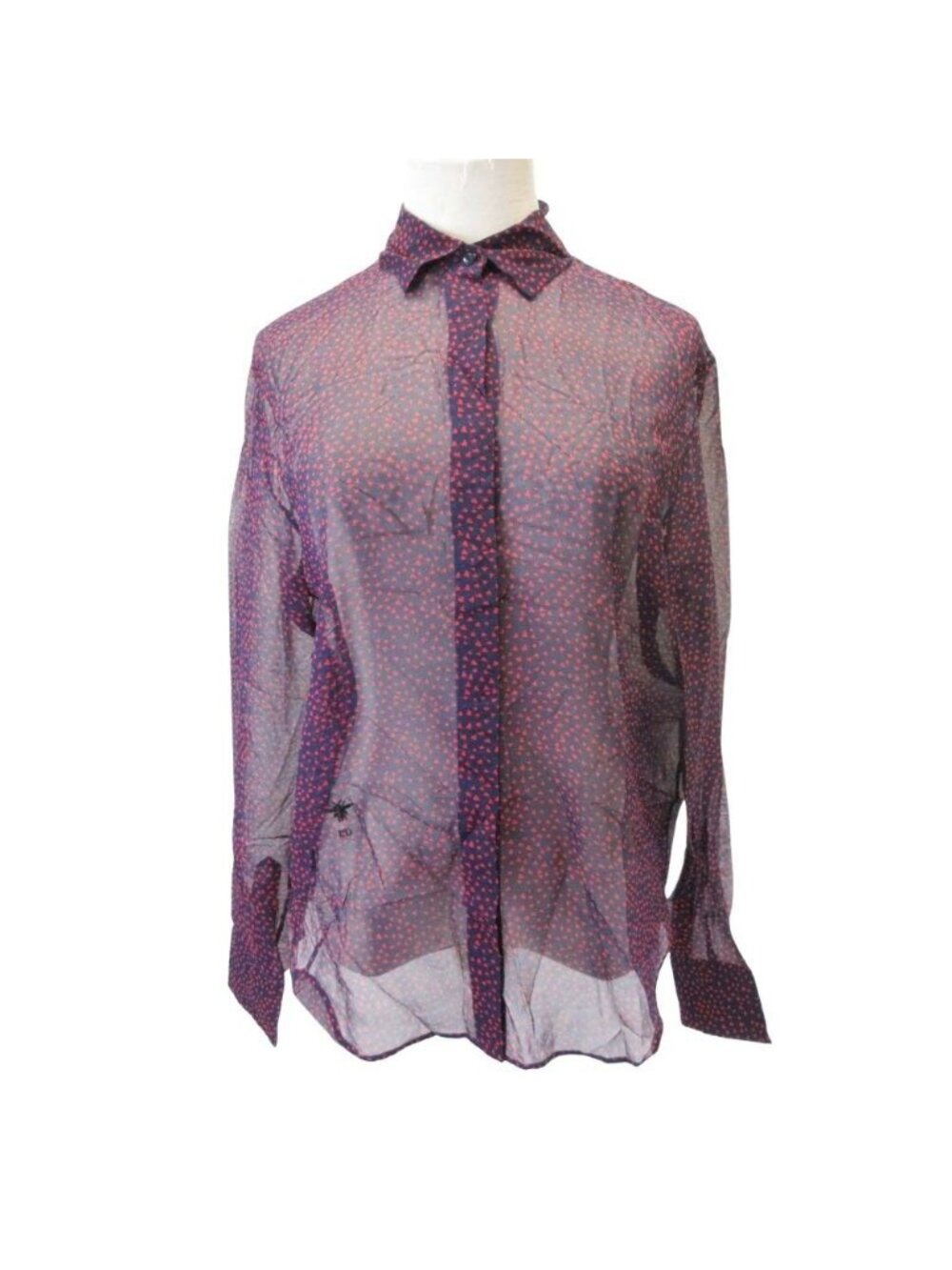 Dior Heart All Over Print Silk Chiffon Blouse Long Sleeve Shirt Top Navy 36